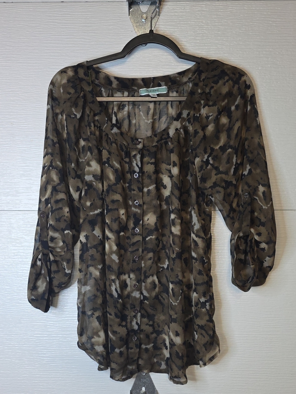 Pleione Brown and Tan Sheer Button-Front Blouse